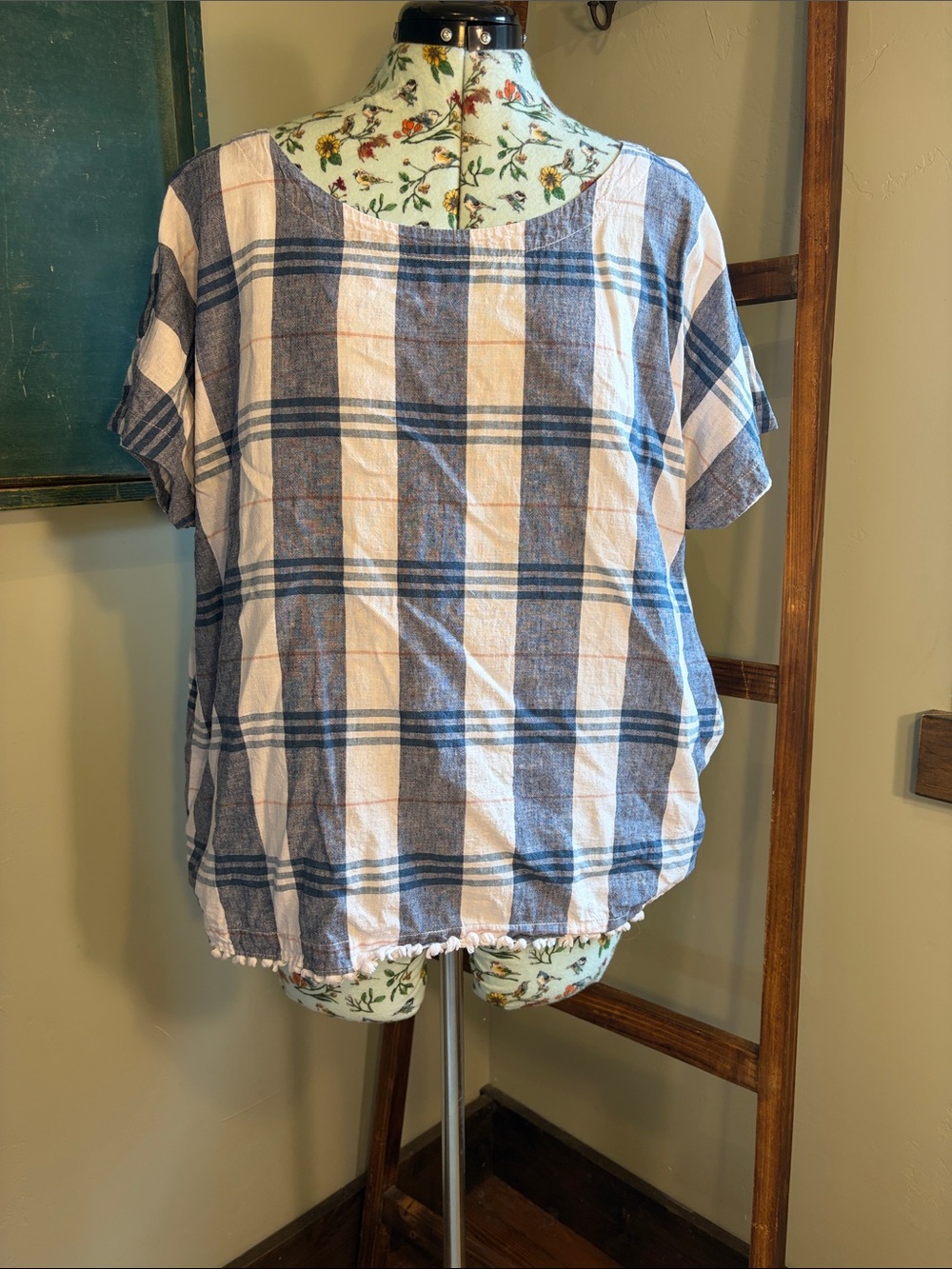 Liz Claiborne Blue and White Checked Linen Top